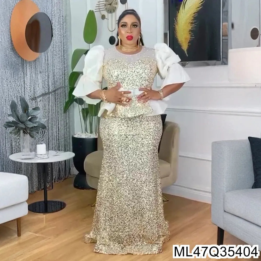 Plus size high-waisted sequined fishtail evening dress with shimmering embellishments, ideal for formal parties and special occasions.
