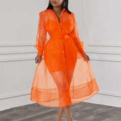 Women Two Pieces Set Transparent Organza Shirt Dresses with Slip Dress Button Up Waist Belt Turn Down Collar Sheer Sexy Female