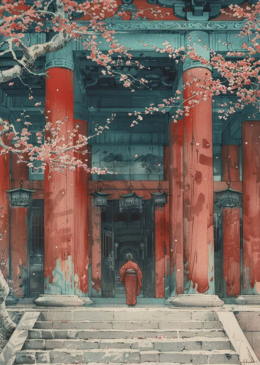 Japanese landscape poster featuring samurai, geisha, bonsai, torii gate, sakura blossoms, wall art for home decor