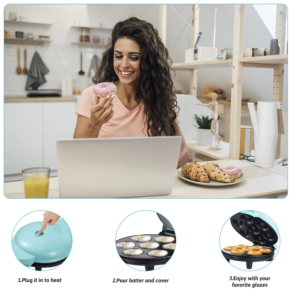 Homgeek 7-hole mini donut maker by Showlu Smart General, with a white and black compact design and control knob visible.