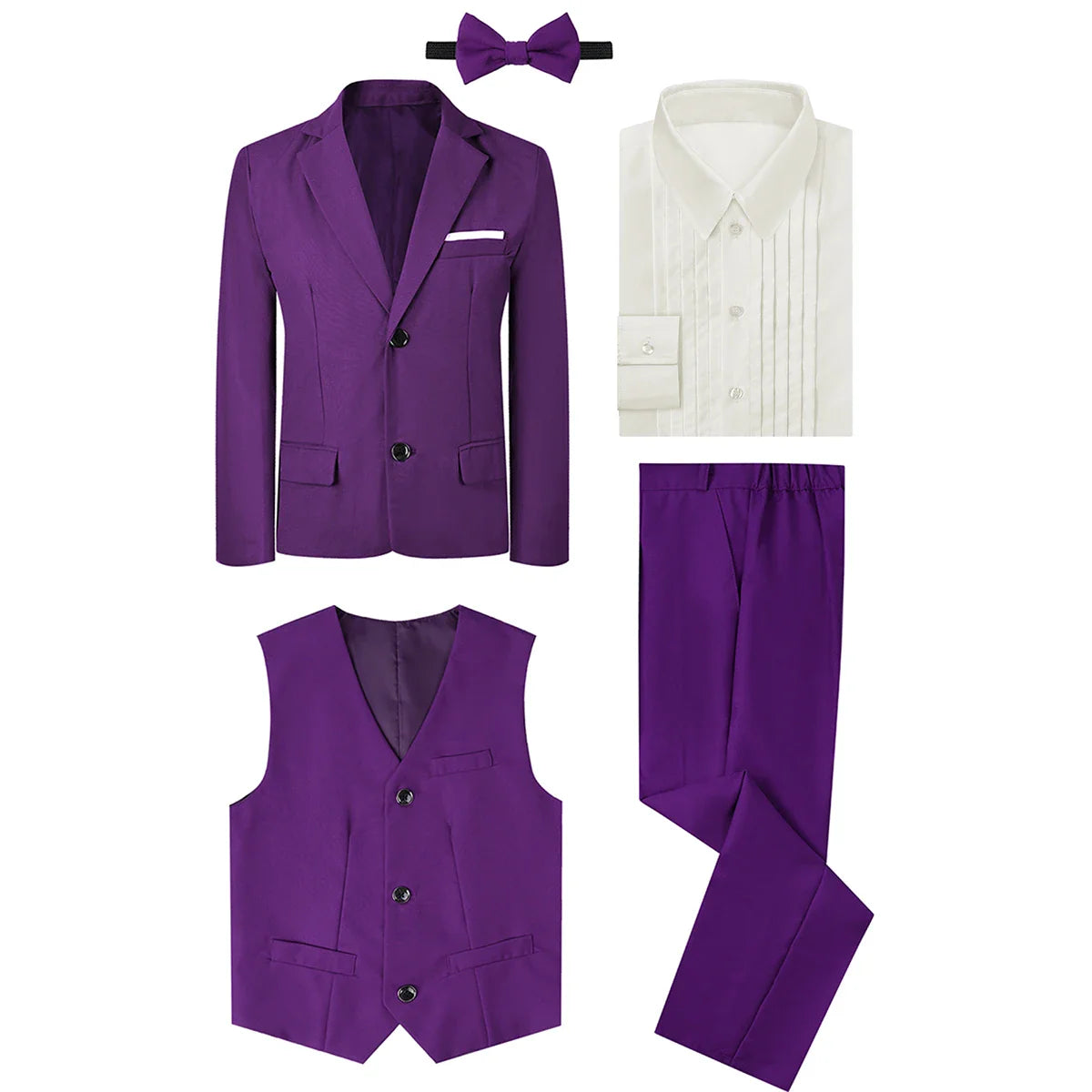 Boy wearing A&J DESIGN formal suit set with tuxedo blazer and dress shirt, ideal for kids' weddings and special occasions.
