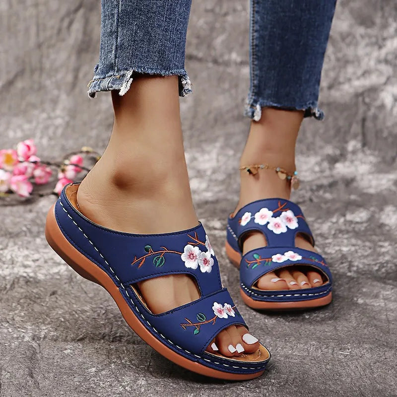 SHOWLU Women's embroidered flower leather wedge sandals, summer slippers with floral embroidery and comfortable wedge heel design.