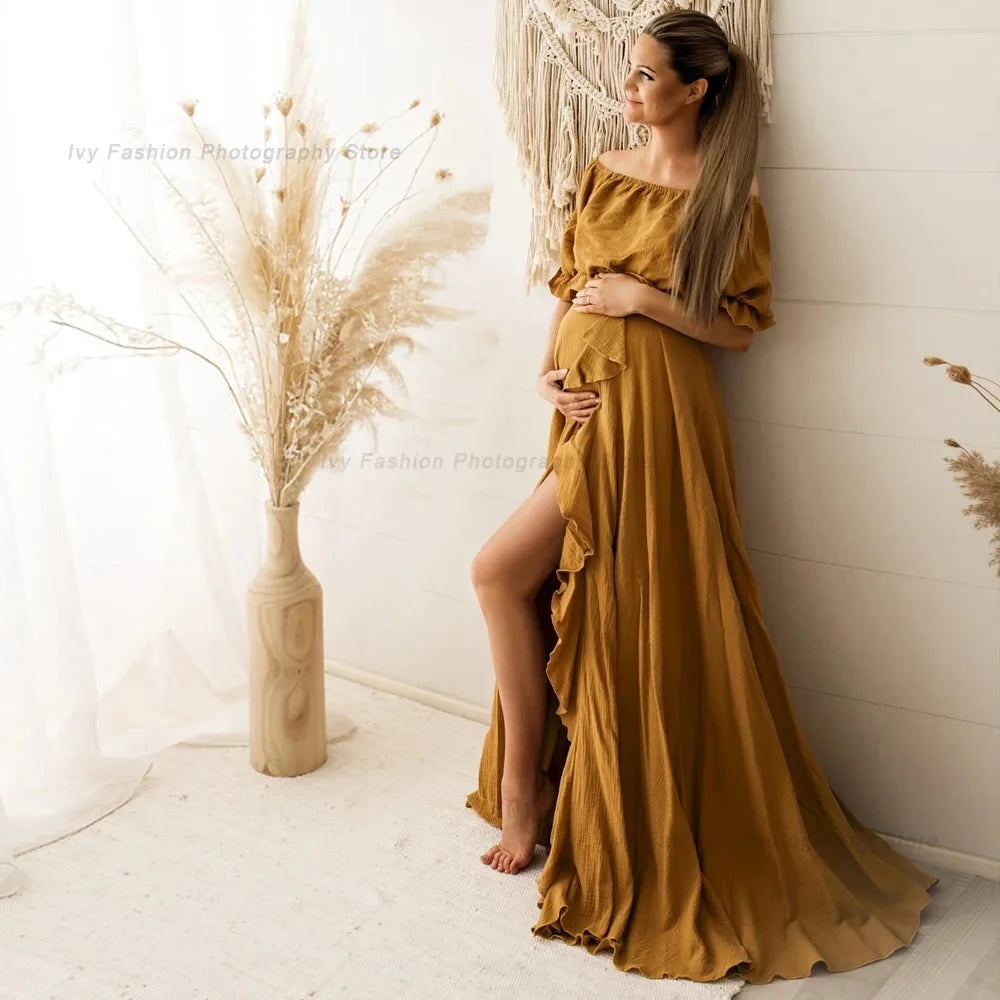 Showlu Fashion maternity dress for photoshoot, off-shoulder boho maxi dress with high slit, perfect for beach pregnancy and baby shower photos.