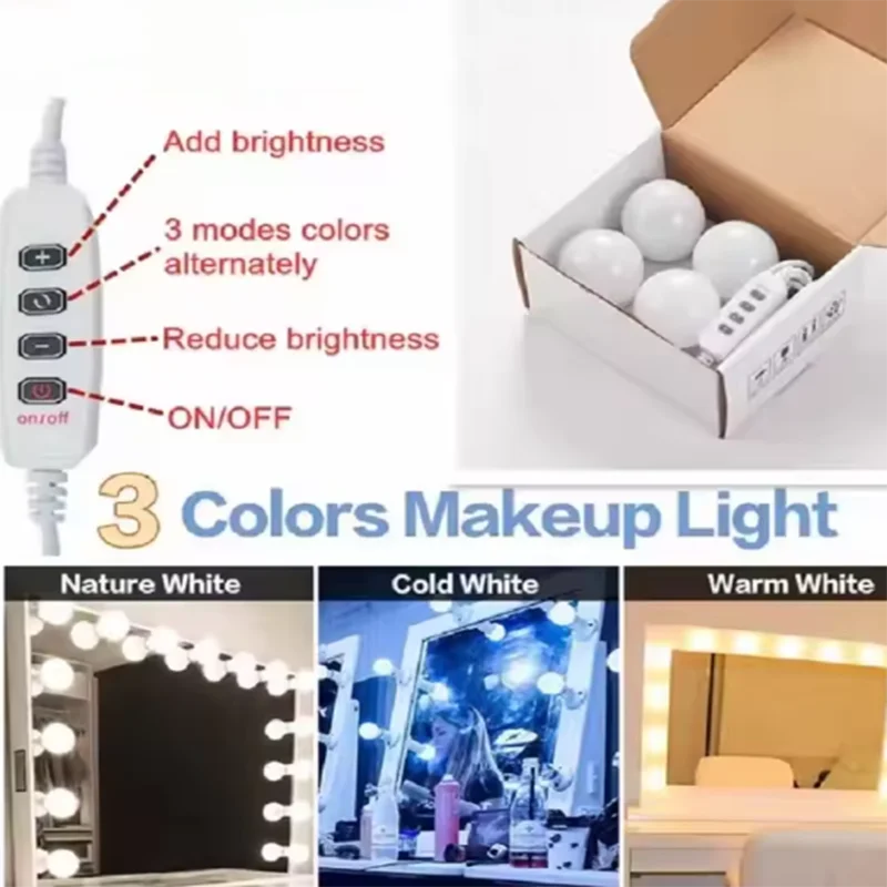 Showlu Smart General LED vanity mirror light with USB, dimmable, wall-mounted makeup lamp showing adjustable brightness and sleek design.