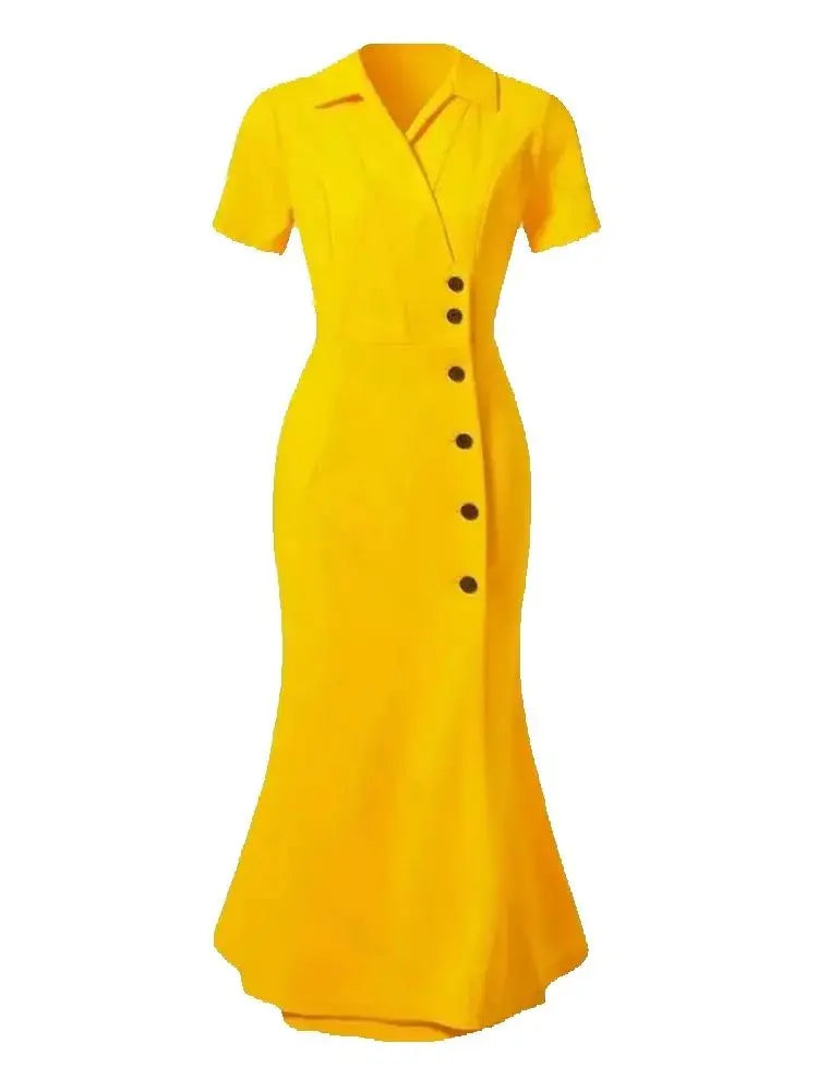 Elegant solid color short sleeve button-up midi dress by Showlu Fashion, featuring a waist-cinching design and casual slimming fit.