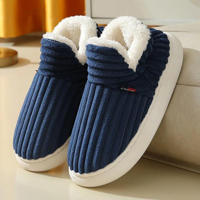 Shevalues men's winter slippers with short plush lining, cotton exterior, fluffy fur interior, ideal for indoor casual comfort.