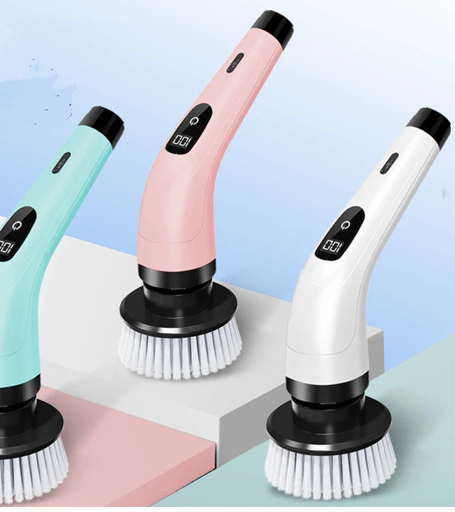 Showlu Smart General cordless electric spin scrubber with 7-in-1 cleaning brush attached, demonstrating its versatile cleaning head.