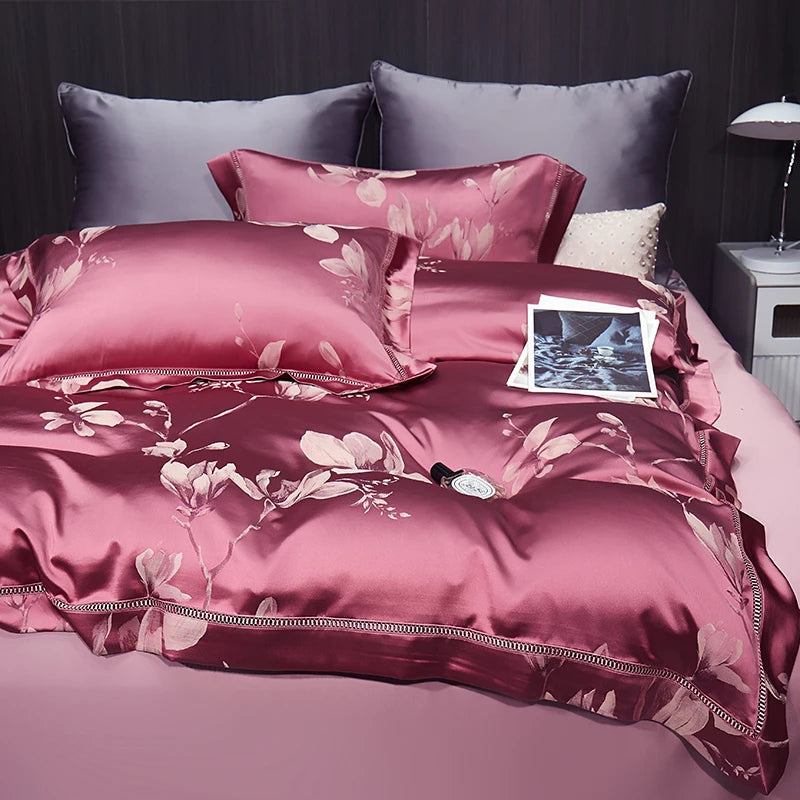 High End Mulberry S i l k Jacquard Bedding Set  4-piece Duvet Cover Set 200*230CM 220*240CM Flat Sheet Bedding