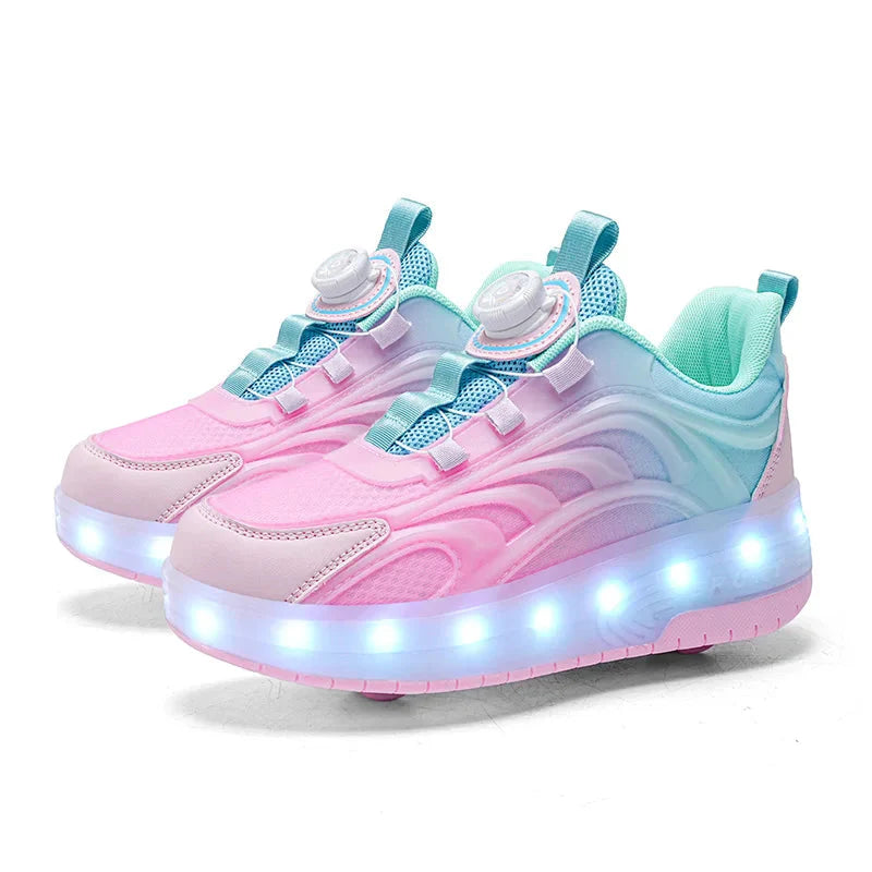 Kids LED roller skate shoes by Showlu Fashion Store with luminous sneakers and USB rechargeable lights, featuring colorful light effects.