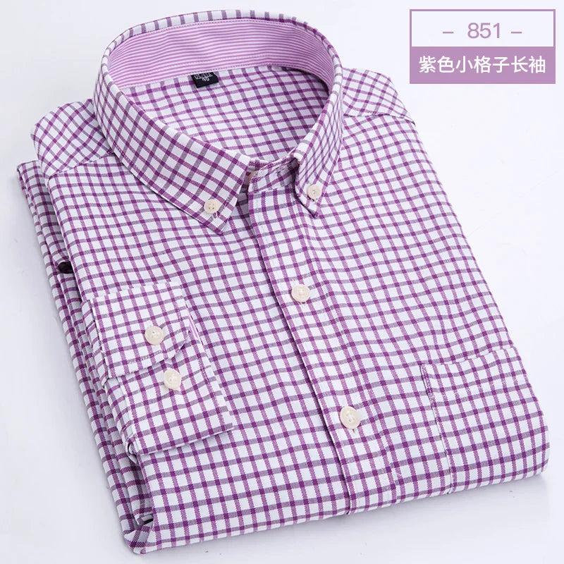 Showlu men's slim fit Oxford shirt with long sleeves, non-iron casual dress shirt in classic blue fabric.