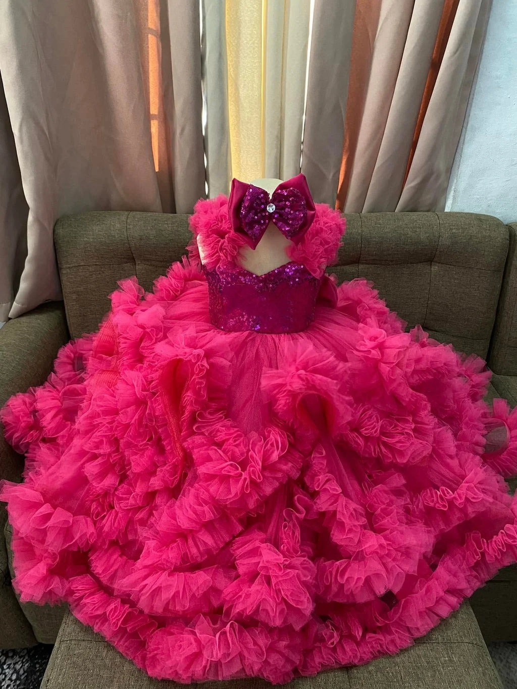 Custom Sequin Ruffle Flower Girl Dress Bow Wedding Pageant Gown For Kids Girls Birthday Party Formal Special Occasion