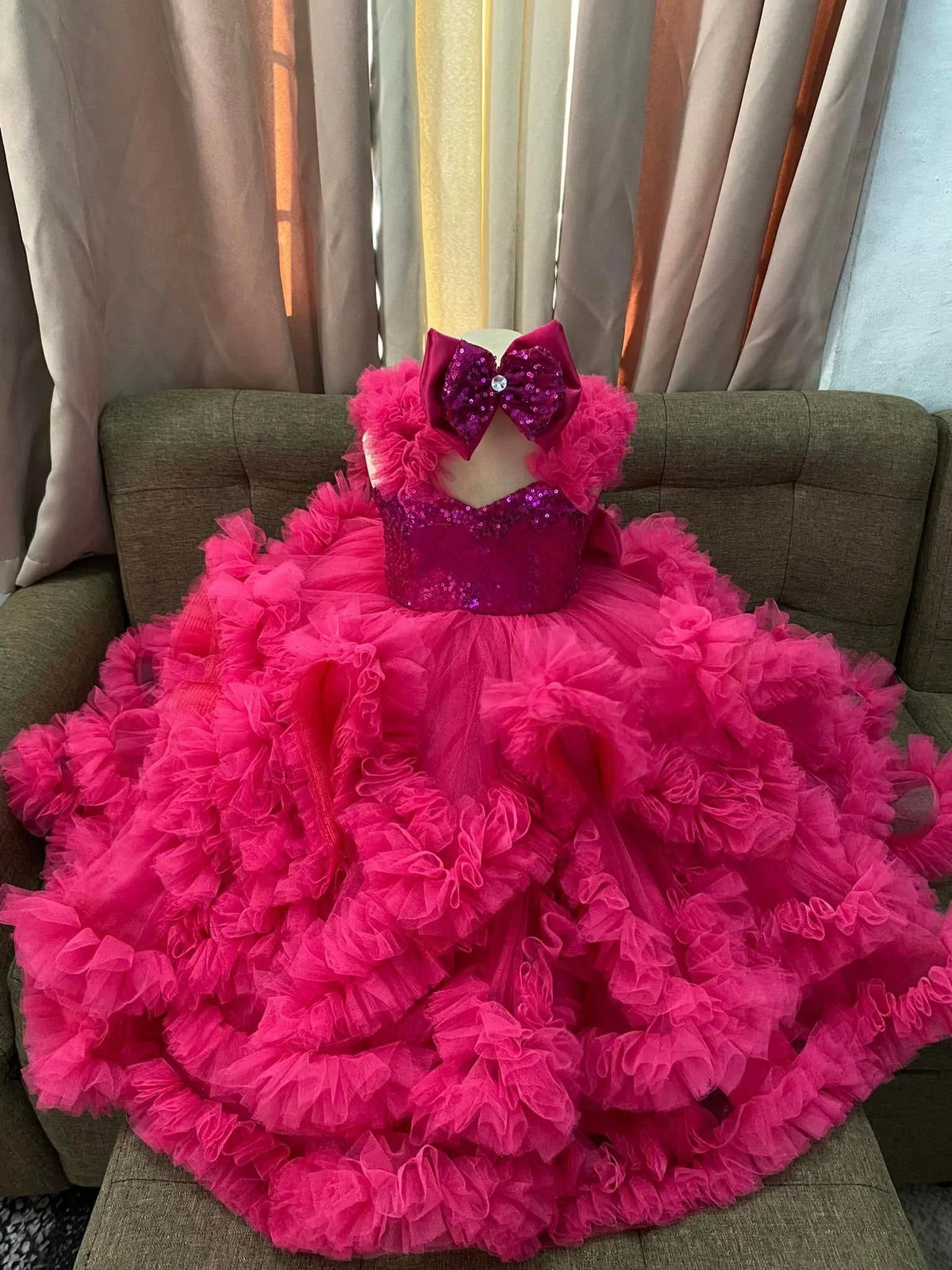 Custom Sequin Ruffle Flower Girl Dress Bow Wedding Pageant Gown For Kids Girls Birthday Party Formal Special Occasion