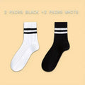 Six pairs of men's breathable black and white striped casual socks, mid-tube style with simple design and high-quality fabric.