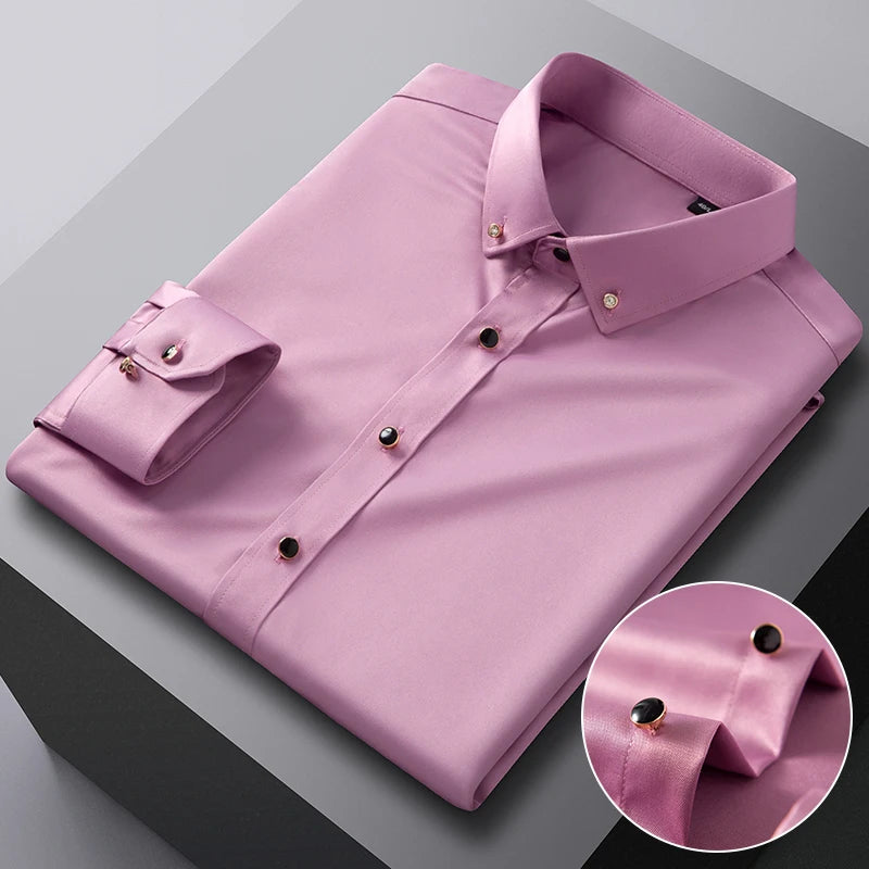 Men's long sleeve dress shirt by Showlu Fashion, silk-feel stretch fabric with diamond buttons, ideal for formal occasions and parties.
