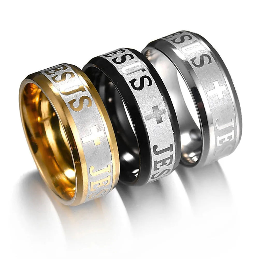 Stainless steel 8mm Jesus cross ring with Christian religious design, featuring a bold band style and detailed cross symbol.