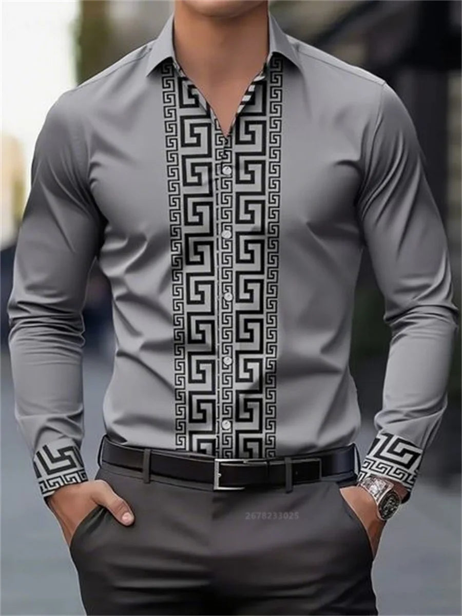 Men's long-sleeved patterned shirt with lapel buttons, stylish casual top from Showlu Fashion Store, comfortable and versatile men's fashion