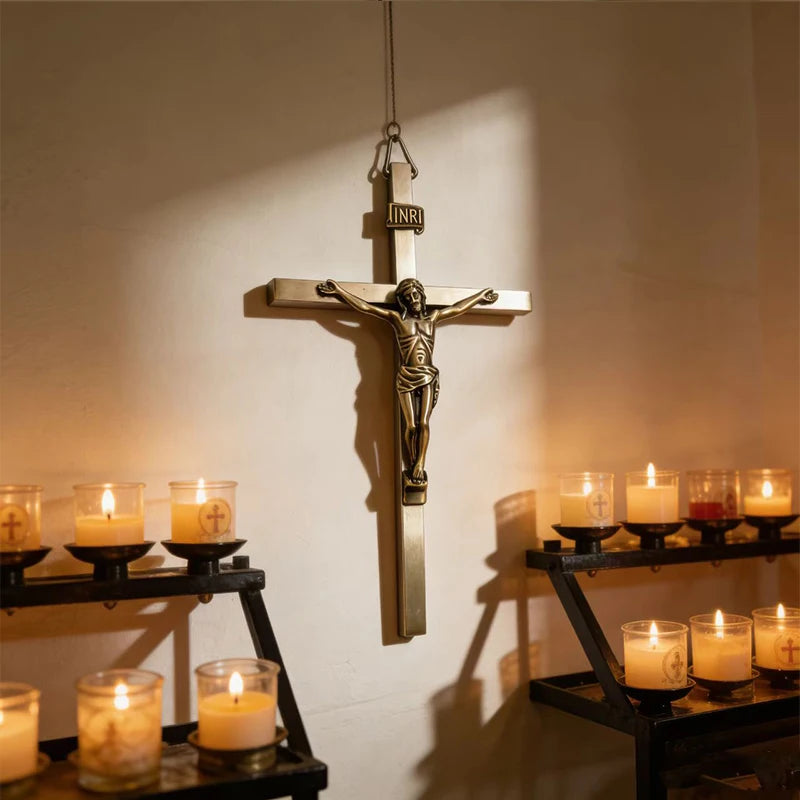 Showlu Metal Wall Crucifix Cross with INRI inscription featuring Jesus Christ Catholic decor for wall display