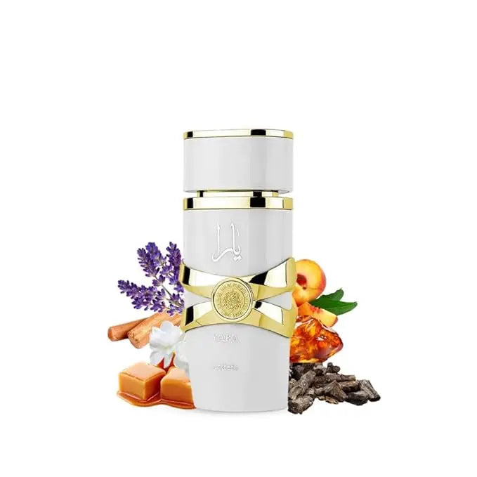 Lattafa Yara Moi women's Arabian perfume 100ml bottle featuring gourmand fragrance with elegant design and floral accents.