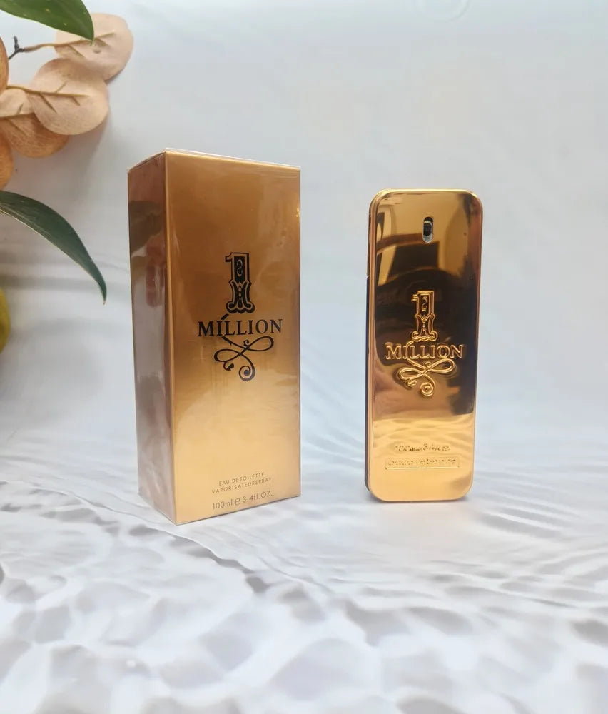 Paco Rabanne 1 Million Eau De Toilette for Men in 3.4 oz bottle, featuring gold accents and sleek design.