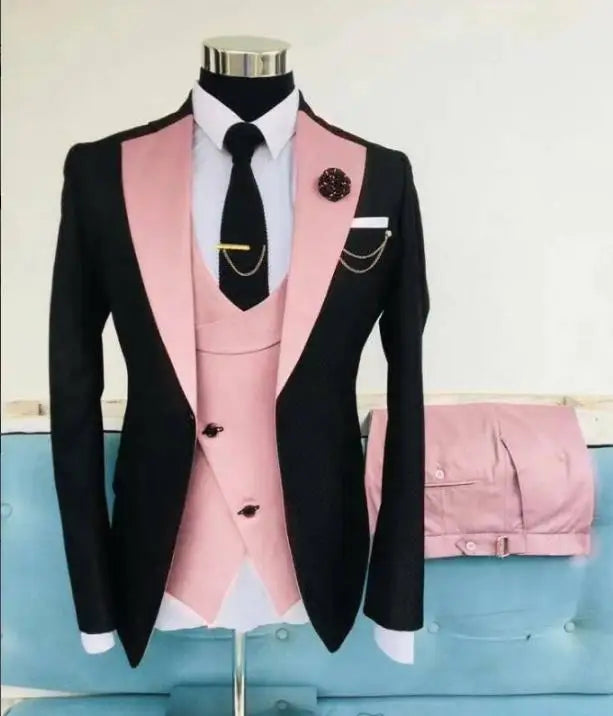 Black men's slim fit tuxedo suit with jacket, pants, and vest, suitable for formal weddings and business occasions.