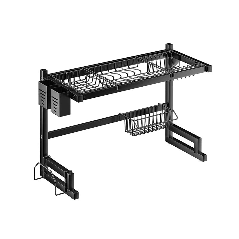 Stainless steel kitchen sink dish drain rack with utensil holder and drying area for drying dishes and utensils.