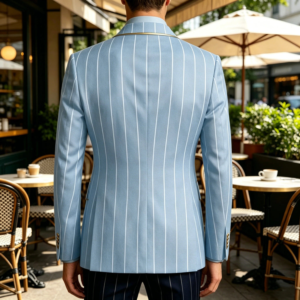Men's Pinstripe Blazer Double Breasted Gold Trim Slim Fit Suit Jacket Peak Lapel Business Formal Tuxedo Coat for Wedding Prom