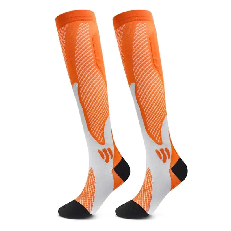 Showlu men's compression golf socks, knee-high nylon nursing stockings, designed for support and comfort during sports and daily wear.