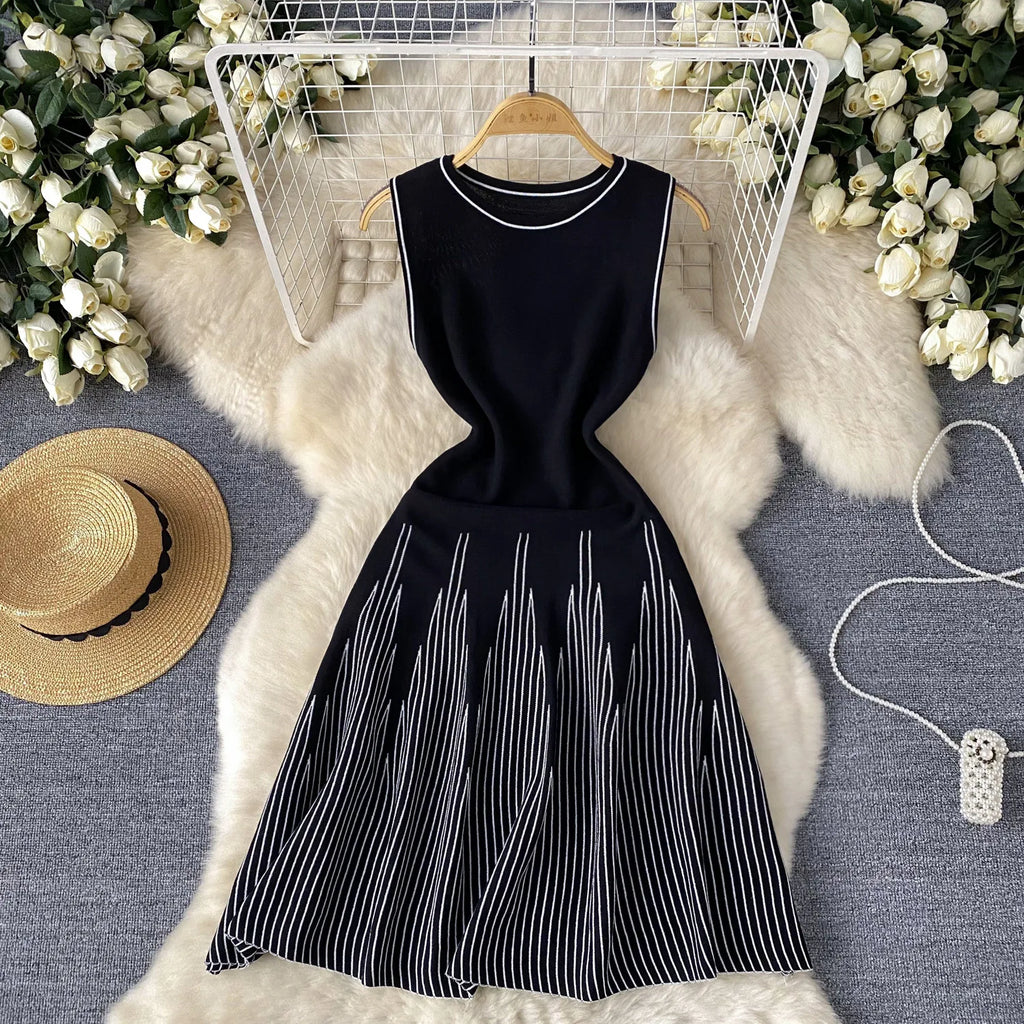 Showlu Fashion women's mini A-line sleeveless knitted dress with round neck, slim fit, perfect for streetwear and parties.