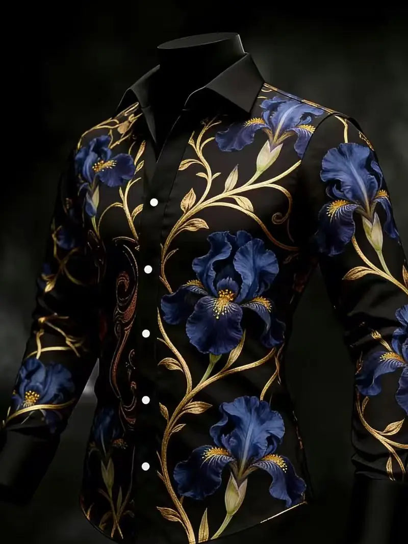 Men's fashion 3D flame printed long-sleeve shirt featuring casual button-up design by Showlu Fashion Store.