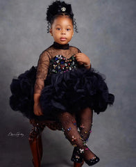 Customized Flower Girl Dresses For Wedding Black Knee Length Cute Baby Pleate Puffy Princess Birthday Party First Communion Gown