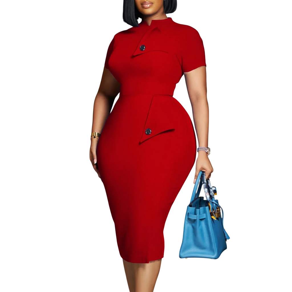 Yihddy Women's Bodycon Midi Dress with half high collar, vintage party sheath style, shown in black on a model.