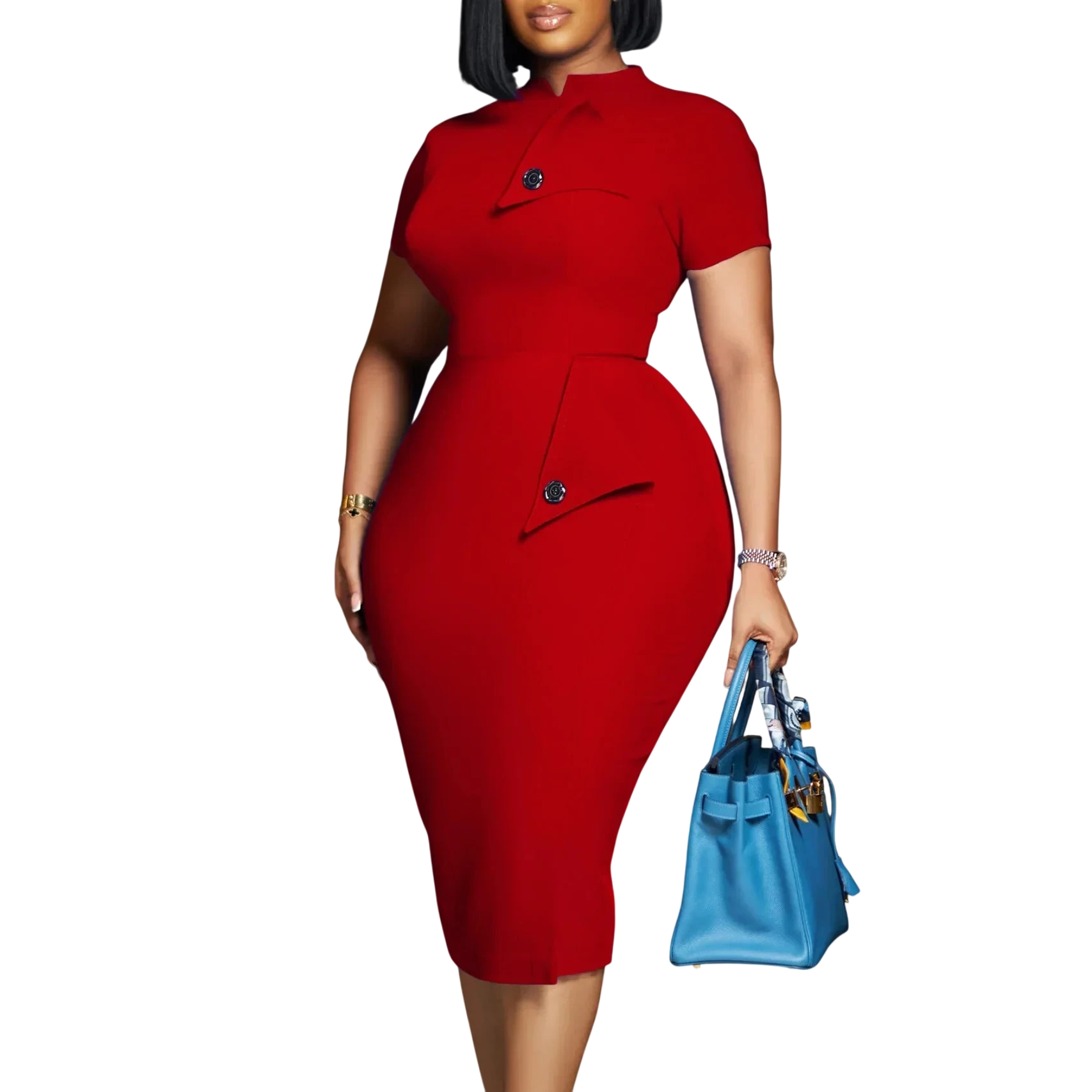Yihddy Women's Bodycon Midi Dress with half high collar, vintage party sheath style, shown in black on a model.