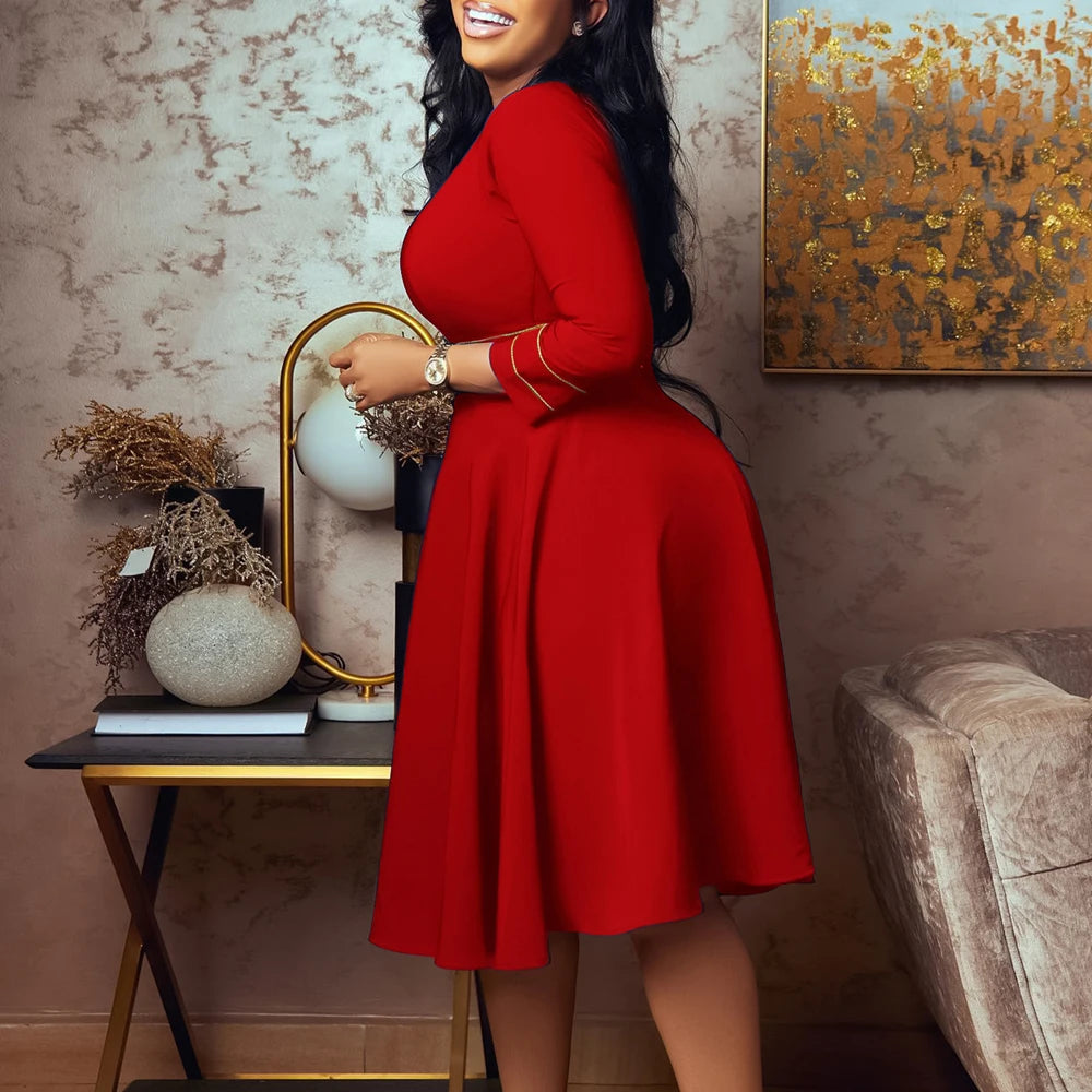 Elegant Dresses for Women Party 2024 Luxury O Neck 3/4 Sleeve High Waisted Pleated A Line Bridesmaid Midi Calf Birthday Dress