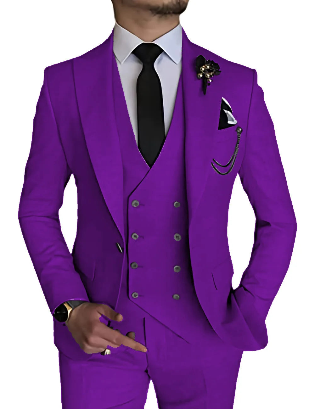 Men's three-piece business casual suit set by Showlu Fashion, featuring a formal dress suit with jacket, vest, and trousers.