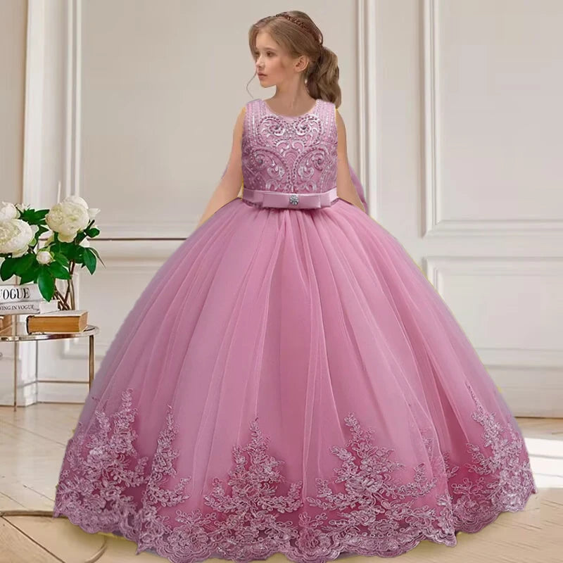 Elegant girl birthday party dress for ages 4-12, sheer long princess gown by Showlu Fashion Store, perfect for summer celebrations.