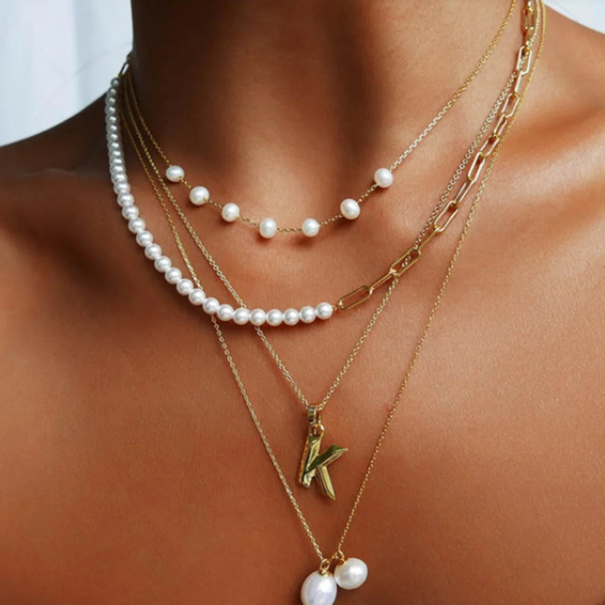 18K gold plated stainless steel necklace featuring freshwater pearl and zircon accents, minimalist elegant jewelry for women