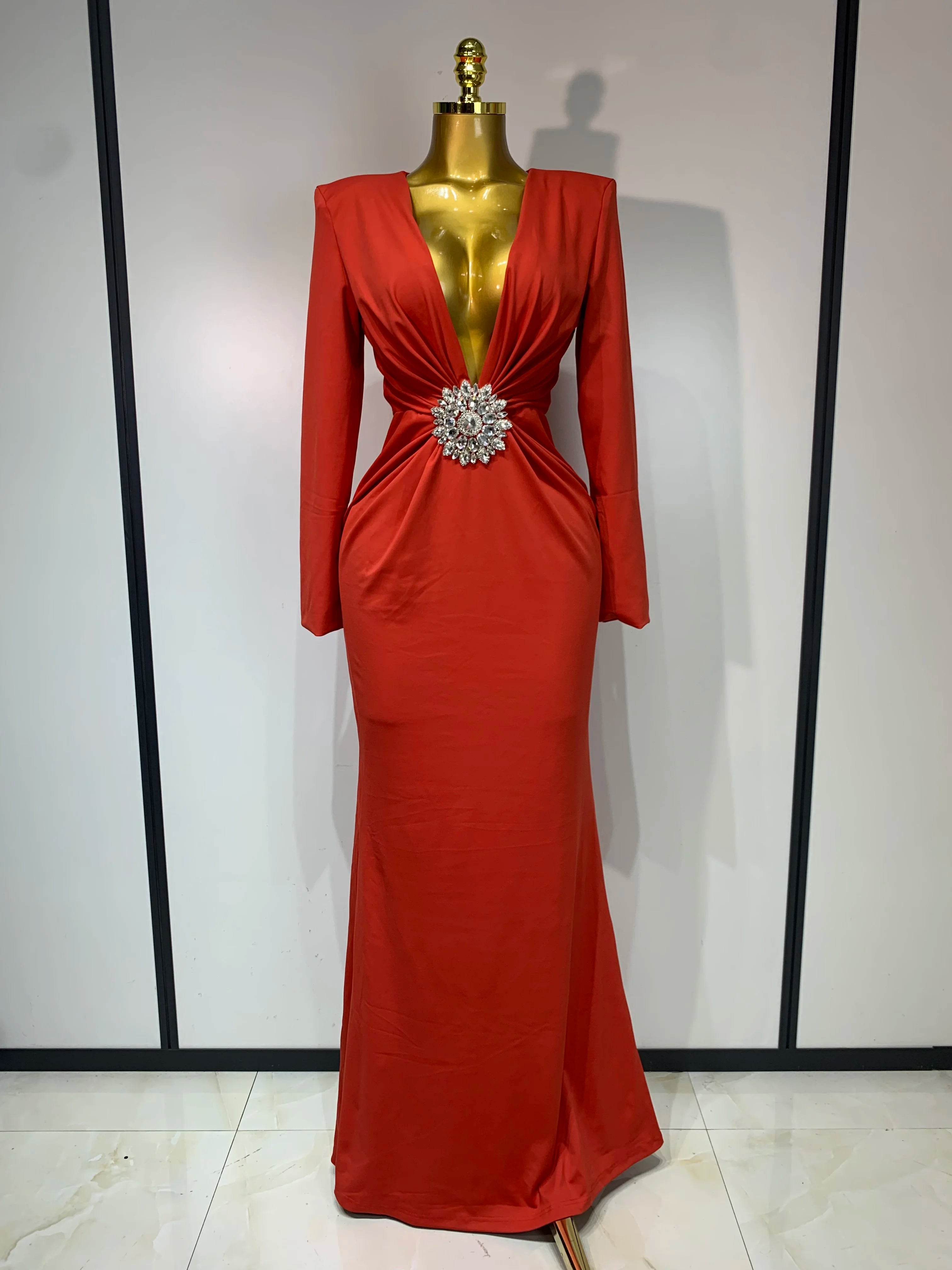 Women’s long sleeve deep V-neck bodycon dress by Showlu Fashion, elegant evening party dress for cocktail and celebration events.