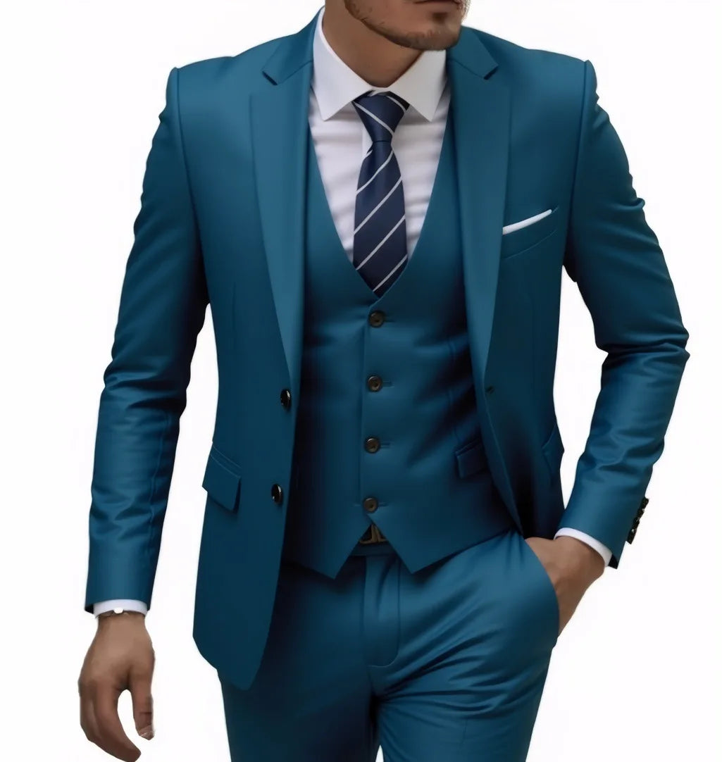 Men's casual 3-piece suit by Showlu Fashion with solid colors, includes blazer, trousers, and vest, in basic style with two-button blazer.