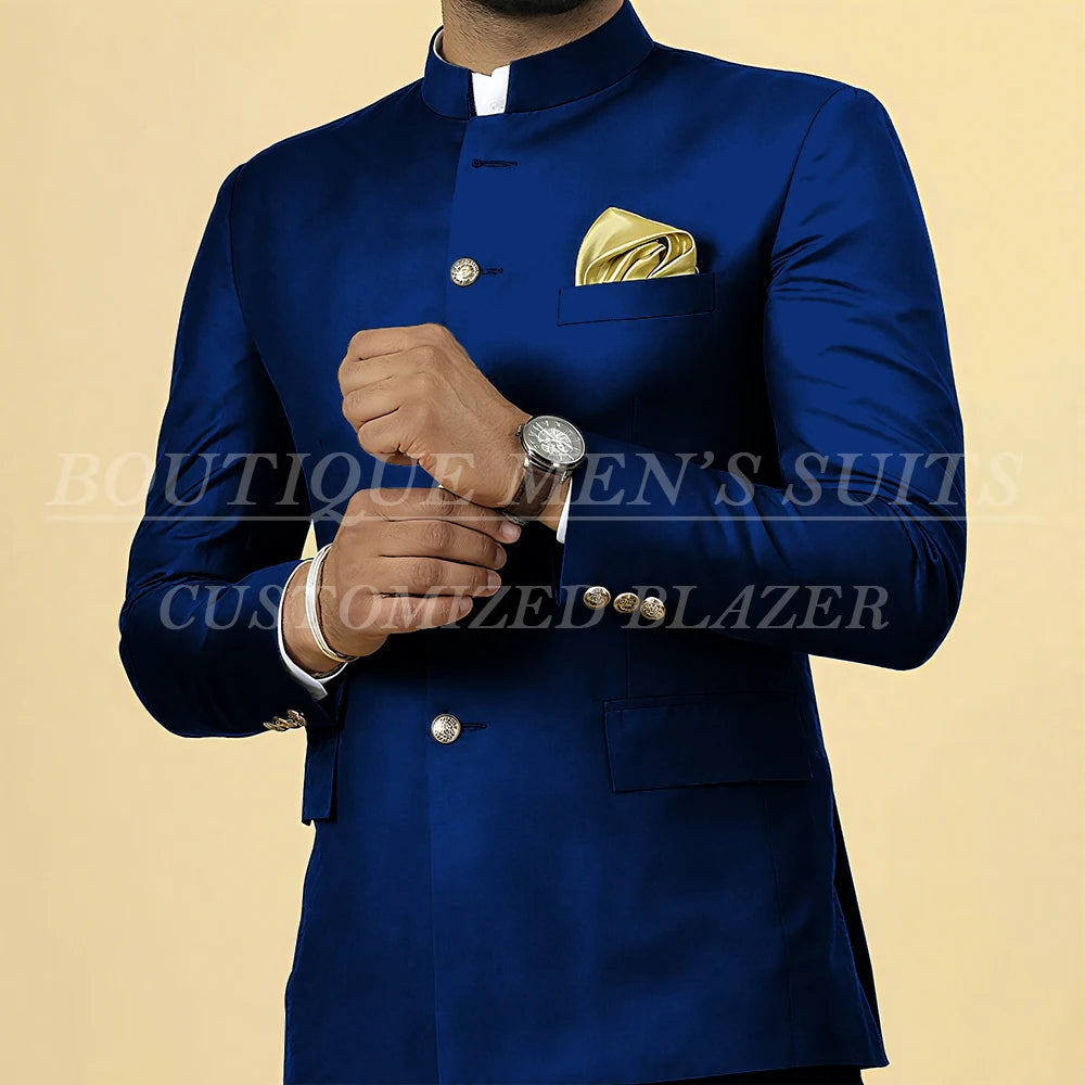 Elegant men's slim fit wedding suit featuring a single-breasted blazer with stand lapel and matching pants, tailored by Showlu Fashion.