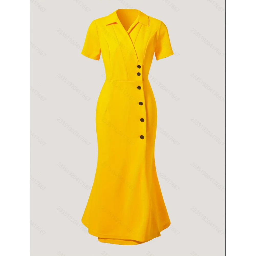 Elegant solid color short sleeve button-up midi dress by Showlu Fashion, featuring a waist-cinching design and casual slimming fit.
