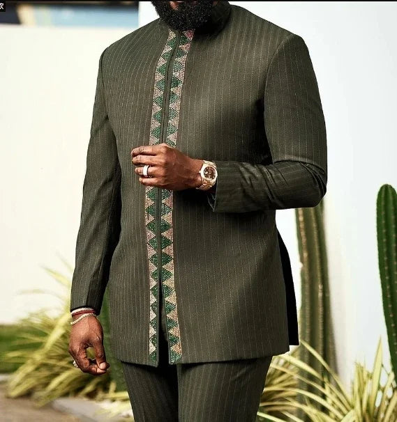 SHOWLU Men's African Kaftan tracksuit with embroidered details, two-piece suit set in vibrant fabric, stylish and traditional attire.