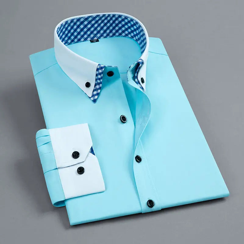 Men's white and blue long sleeve dress shirt by Showlu Fashion, non-iron, double-layer, regular fit, business formal office wear