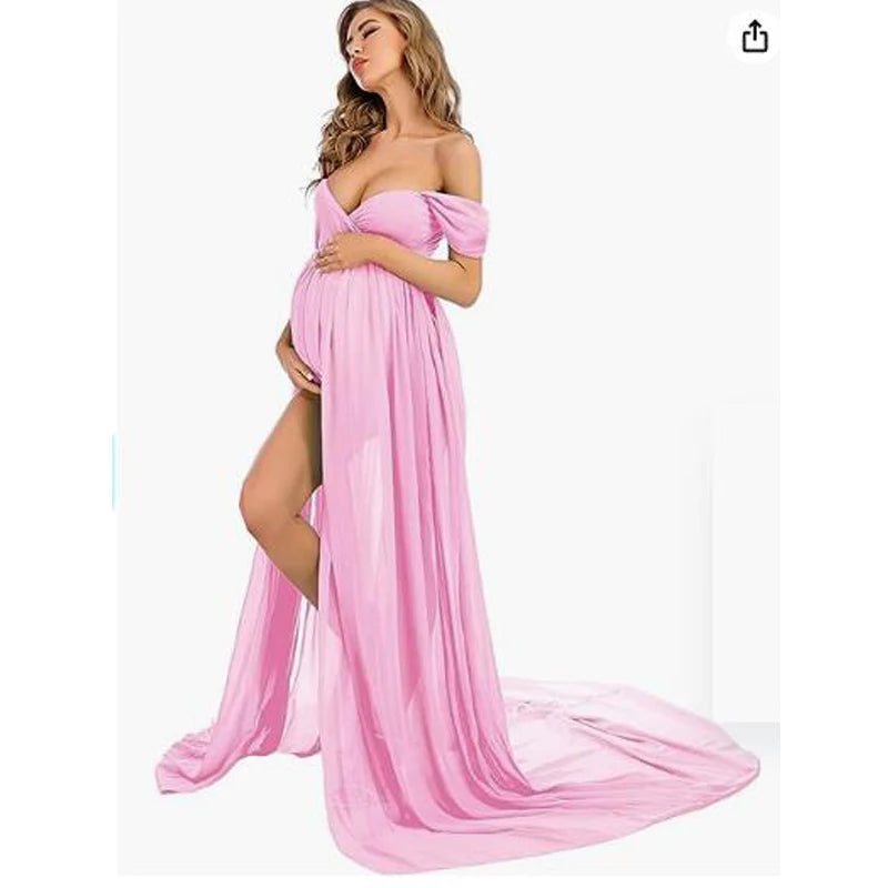 Elegant chiffon maternity dress for photoshoot with long train, designed for comfort and style by Showlu Fashion Store.