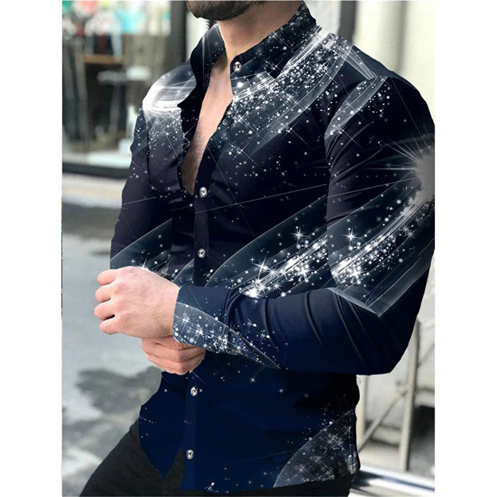 Men's casual long sleeve shirt with lapel, single-breasted design, stylish streetwear fashion from Showlu Fashion Store.