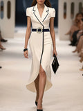 Showlu Fashion Women's formal high-low dress with belt, solid color, lapel collar, perfect for office or summer wear.