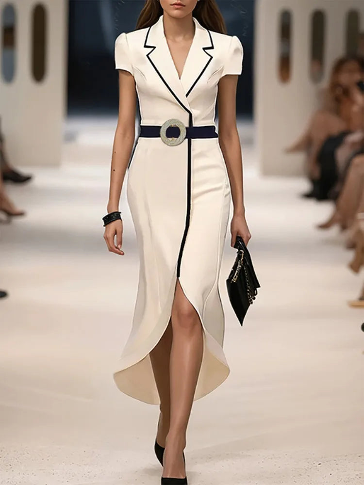 Showlu Fashion Women's formal high-low dress with belt, solid color, lapel collar, perfect for office or summer wear.