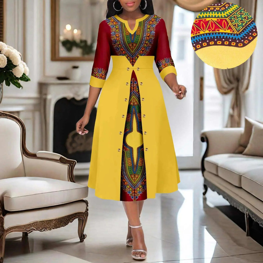 AFRIPRIDE women's Ankara print V-neck dress with cotton A-line midi skirt, featuring vibrant African-inspired patterns and a stylish silhouette