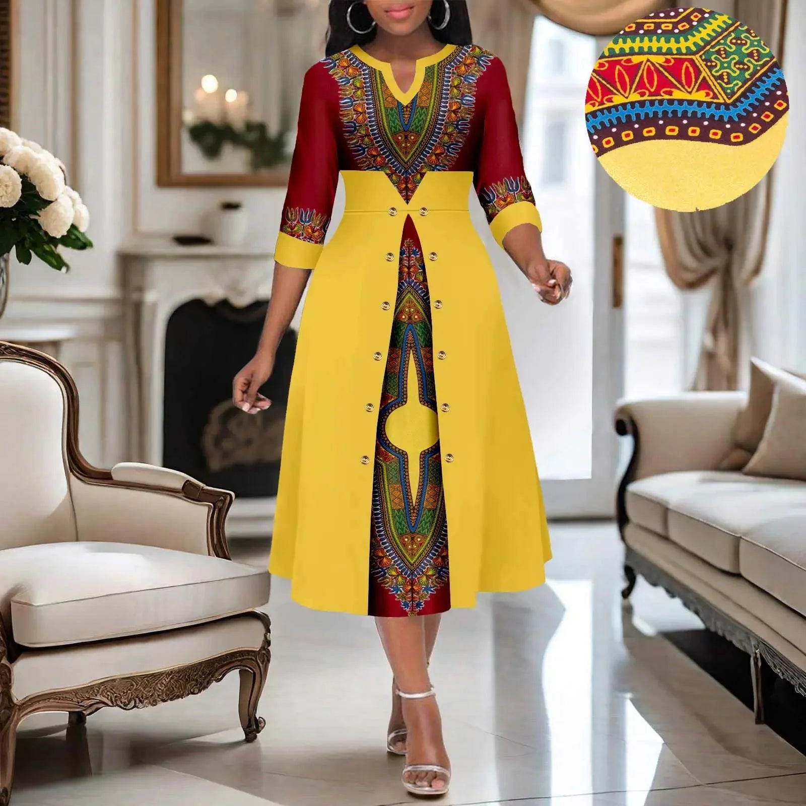 AFRIPRIDE women's Ankara print V-neck dress with cotton A-line midi skirt, featuring vibrant African-inspired patterns and a stylish silhouette