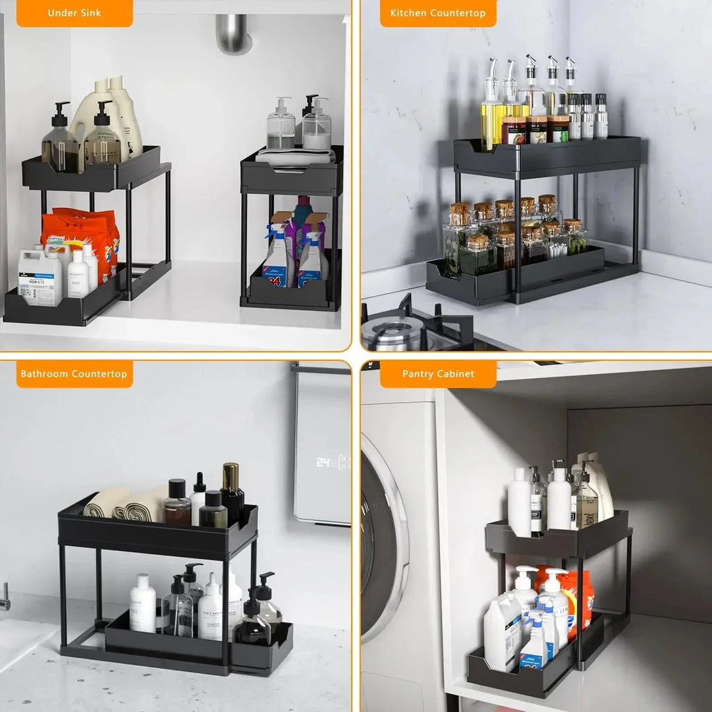 Showlu Smart General under sink organizer rack with multiple compartments for efficient kitchen or bathroom storage.