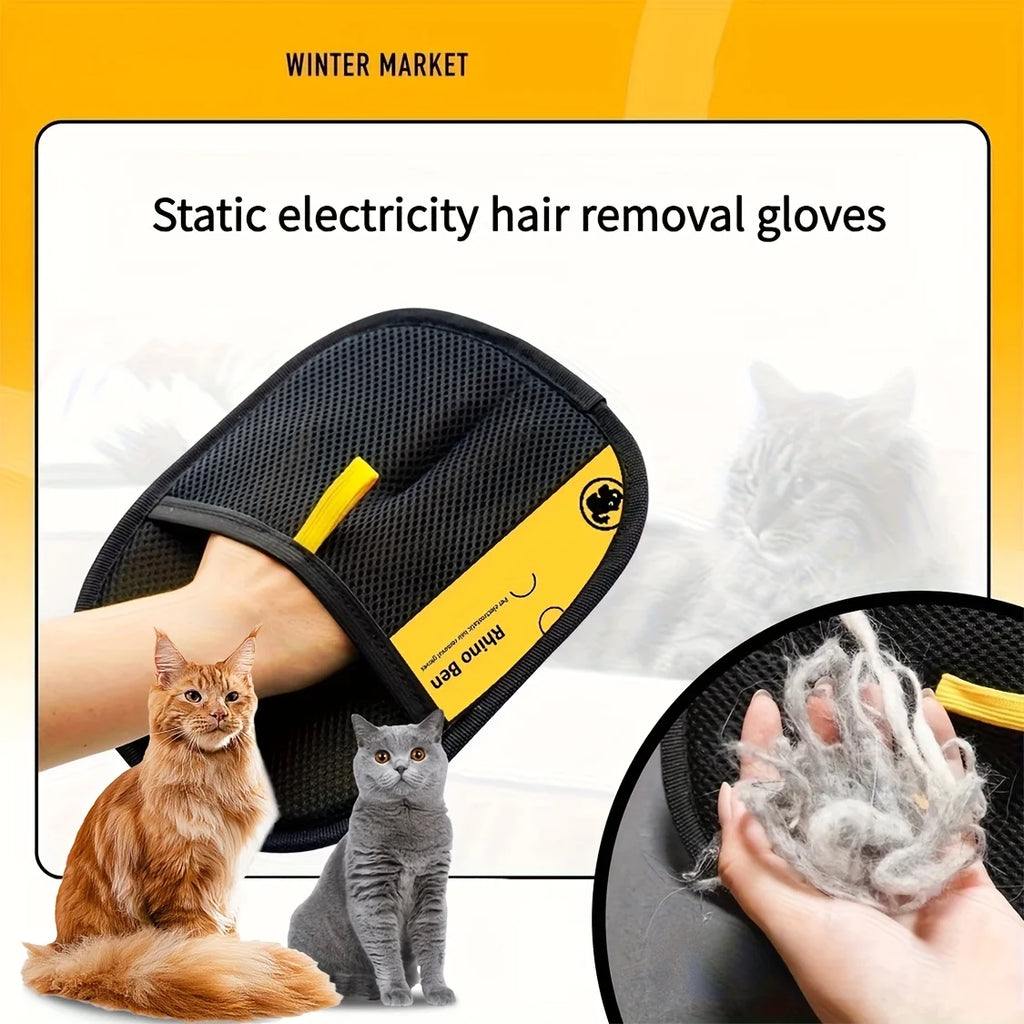 Showlu double-sided pet hair removal brush and grooming gloves, designed for effective pet fur grooming and shedding cleanup.